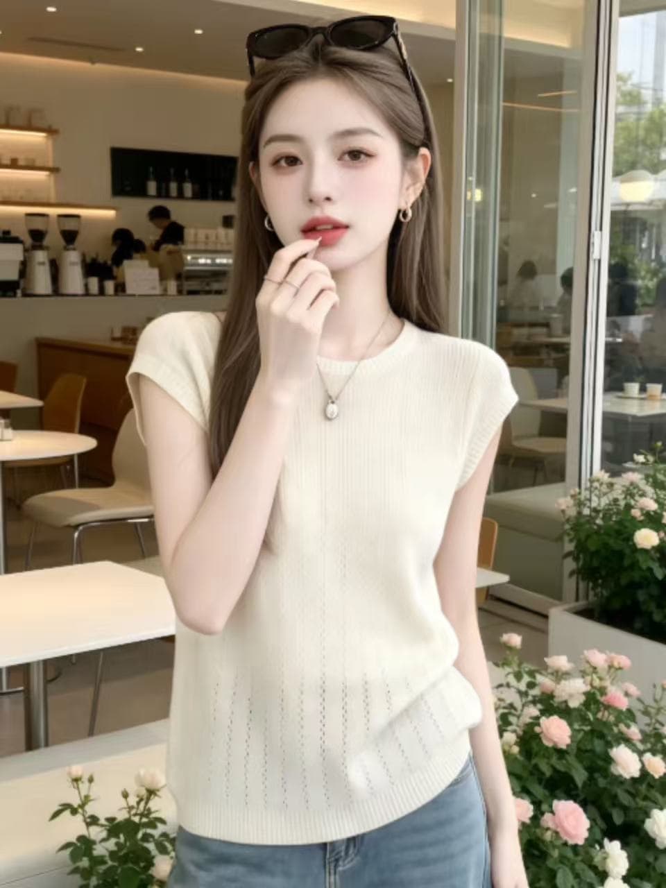 여름 새로운 한 부서 패션 품격 부드러운 슬림해 보이는 다용도 반팔 니트 티셔츠 나가라. 아름다운 맨위 폭발 상세 이미지 5