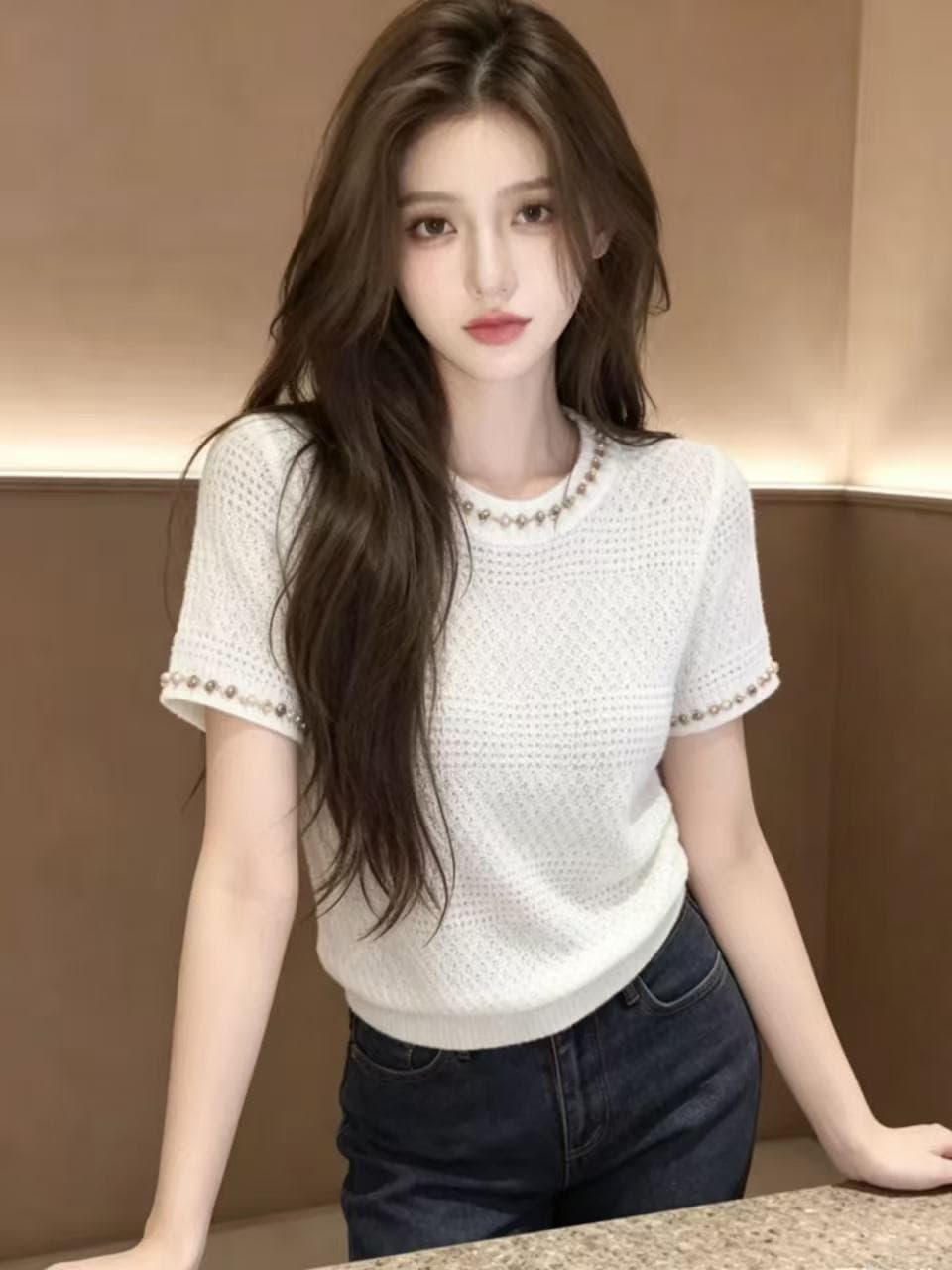 화이트 반팔 니트 스웨터 여자 2026 새로운 여름 고급 센스 여성 슈퍼 잘 생긴 홀로우 아웃 얇은 스타일 맨위 서비스 상세 이미지 1