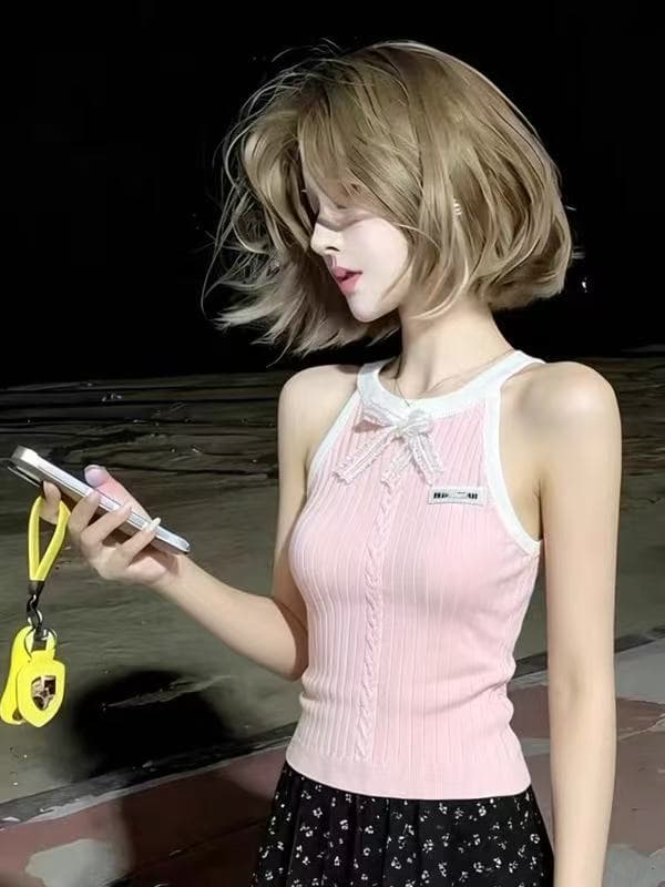 한 부서 핑크색 행침 목 니트 스웨터 조끼 여성 여름 새로운 나비 매듭 숙녀 몸매 가꾸기 슬림해 보이는 민소매 맨위
