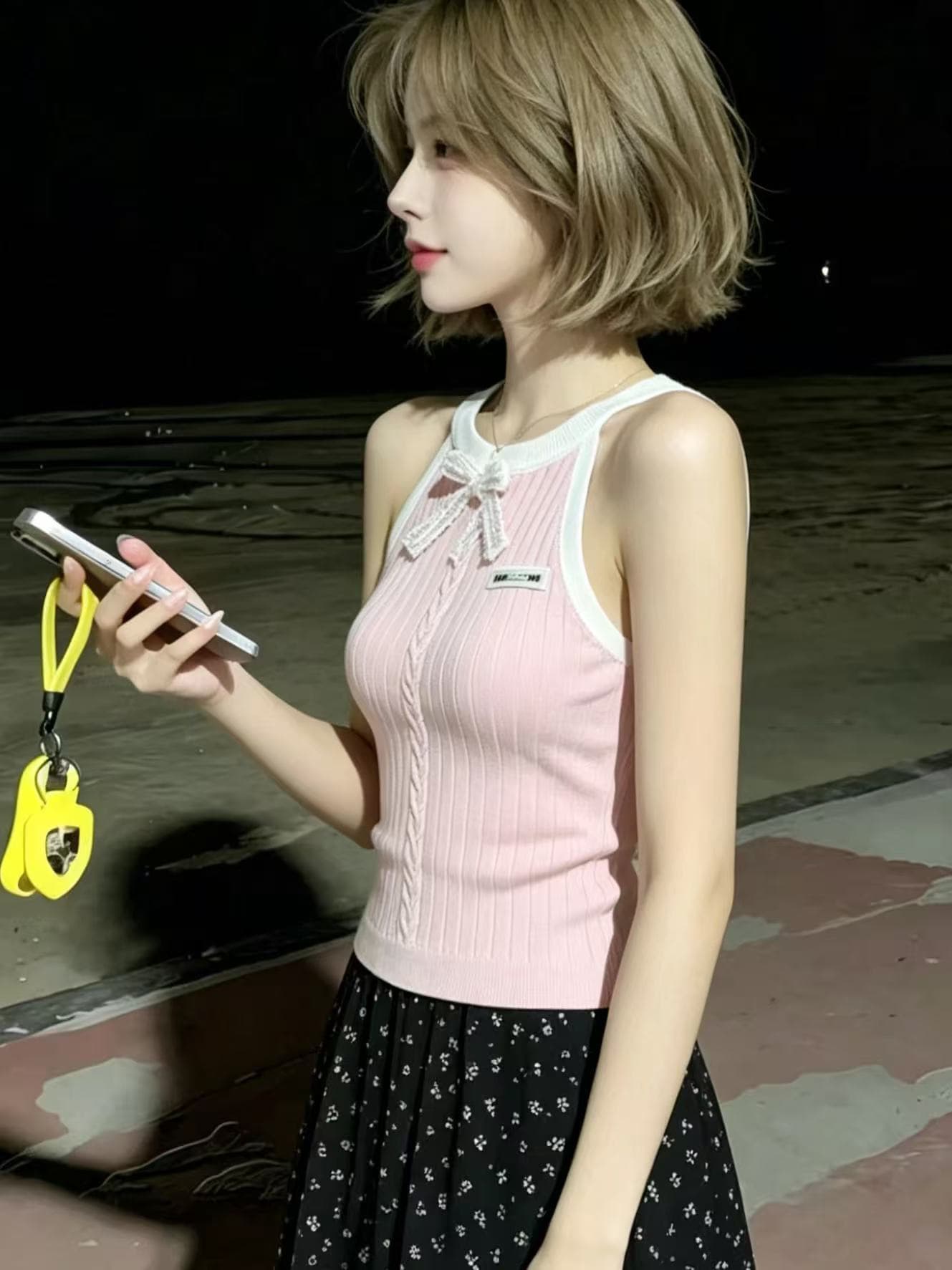 한 부서 핑크색 행침 목 니트 스웨터 조끼 여성 여름 새로운 나비 매듭 숙녀 몸매 가꾸기 슬림해 보이는 민소매 맨위 상세 이미지 2