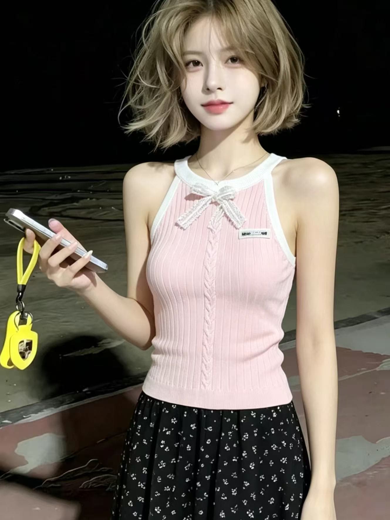한 부서 핑크색 행침 목 니트 스웨터 조끼 여성 여름 새로운 나비 매듭 숙녀 몸매 가꾸기 슬림해 보이는 민소매 맨위 상세 이미지 3