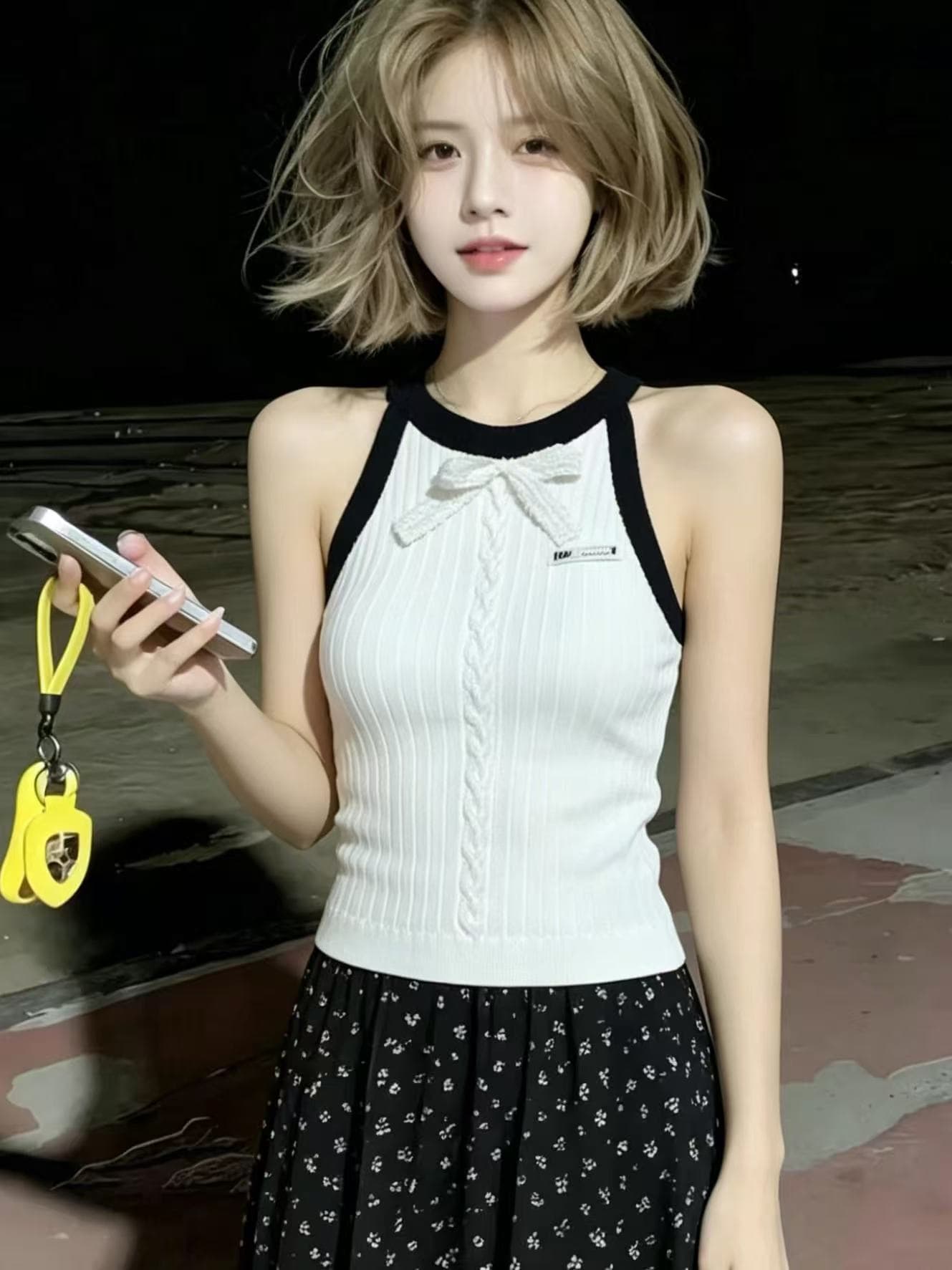 한 부서 핑크색 행침 목 니트 스웨터 조끼 여성 여름 새로운 나비 매듭 숙녀 몸매 가꾸기 슬림해 보이는 민소매 맨위 상세 이미지 5