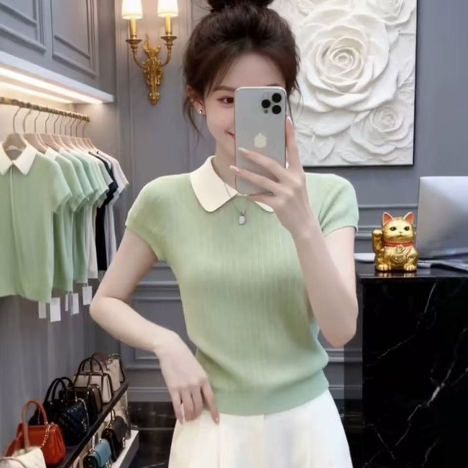한 부서 연령 감소 Chic 품격 작은 대중 폴로 칼라 반팔 니트 기본 셔츠 2026 년 여름 새로운 티셔츠 여성 의류 이미지 5