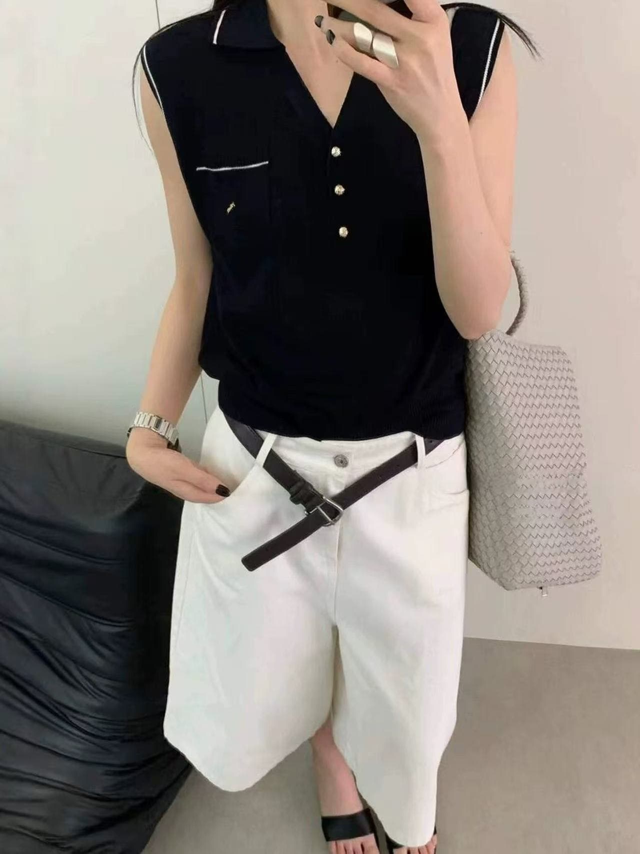 맨위 디자인 센스 작은 대중 POLO 셔츠 얼음 실크 니트 스웨터 민소매 티셔츠 여성 2026 새로운 옷 여자 여름 상세 이미지 4