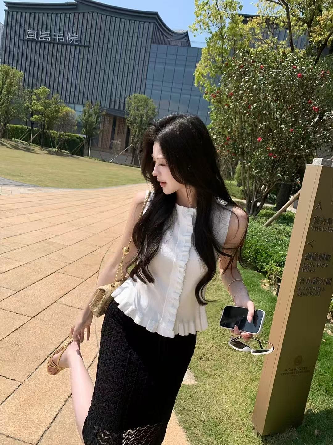 maven lin 동적 미적 감각 우아함 프릴 니트 민소매 조끼 여성 외출용 몸매 가꾸기 긍정적 인 어깨 의류