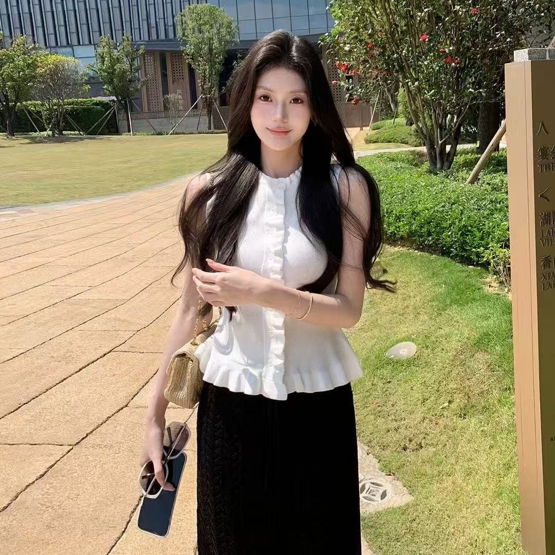 maven lin 동적 미적 감각 우아함 프릴 니트 민소매 조끼 여성 외출용 몸매 가꾸기 긍정적 인 어깨 의류 이미지 5