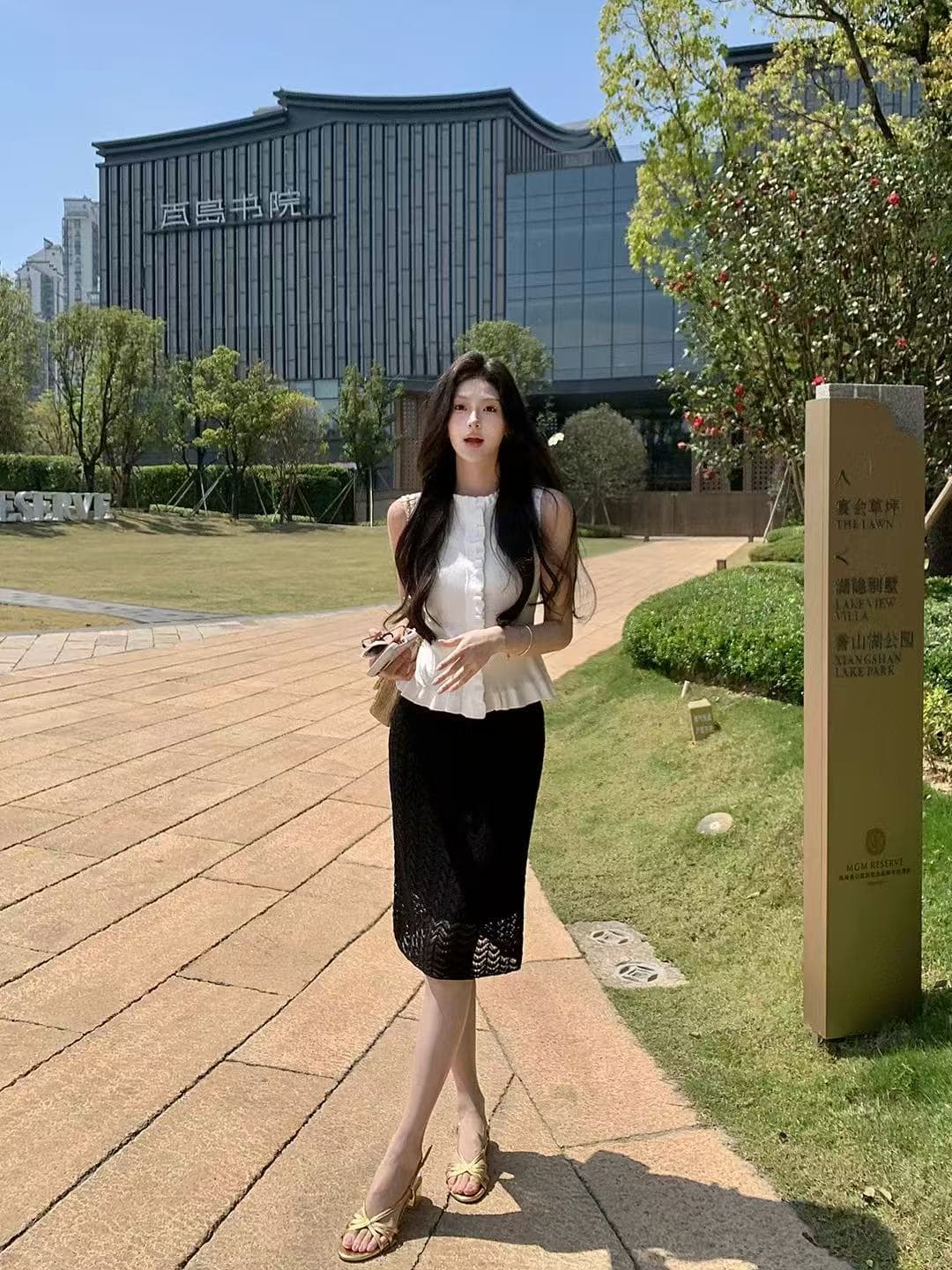 maven lin 동적 미적 감각 우아함 프릴 니트 민소매 조끼 여성 외출용 몸매 가꾸기 긍정적 인 어깨 의류 상세 이미지 2