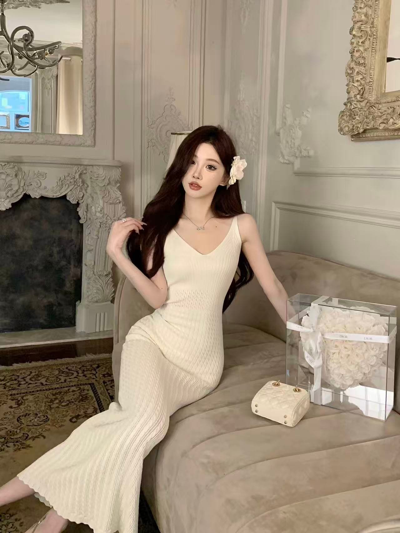 프랑스식 화이트 V넥 니트 슬립 여성 드레스 여름 몸매 가꾸기 섹시함 순수한 욕망 바람 타이트 스커트 아름다운 치마 상세 이미지 2