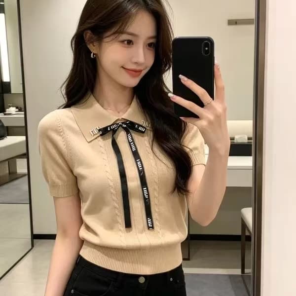 간결한 출퇴근 허리 수축 POLO 칼라 반팔 니트 26 여름 새로운 여성 프랑스식 탈착식 스트랩 맨위