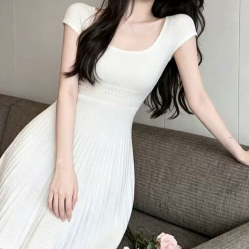 프랑스식 u 칼라 높음 폭탄 허리 수축 한 마디 니트 여성 드레스 여름 새로운 품격 작은 키 주름 장식 플리츠 미니 스커트 이미지 5
