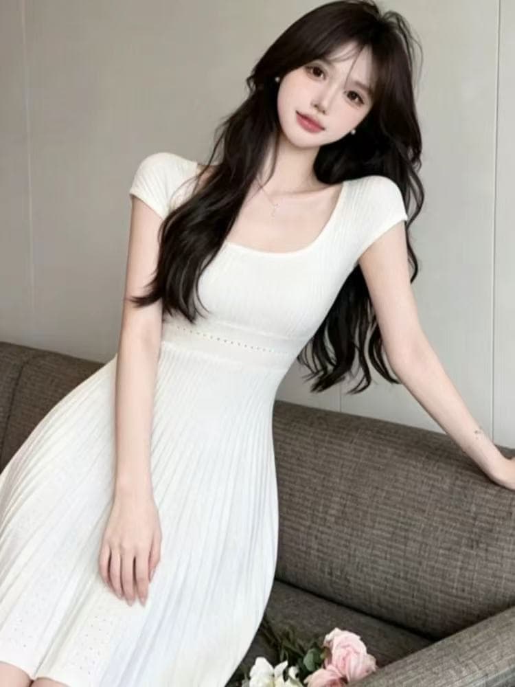 프랑스식 u 칼라 높음 폭탄 허리 수축 한 마디 니트 여성 드레스 여름 새로운 품격 작은 키 주름 장식 플리츠 미니 스커트 상세 이미지 5