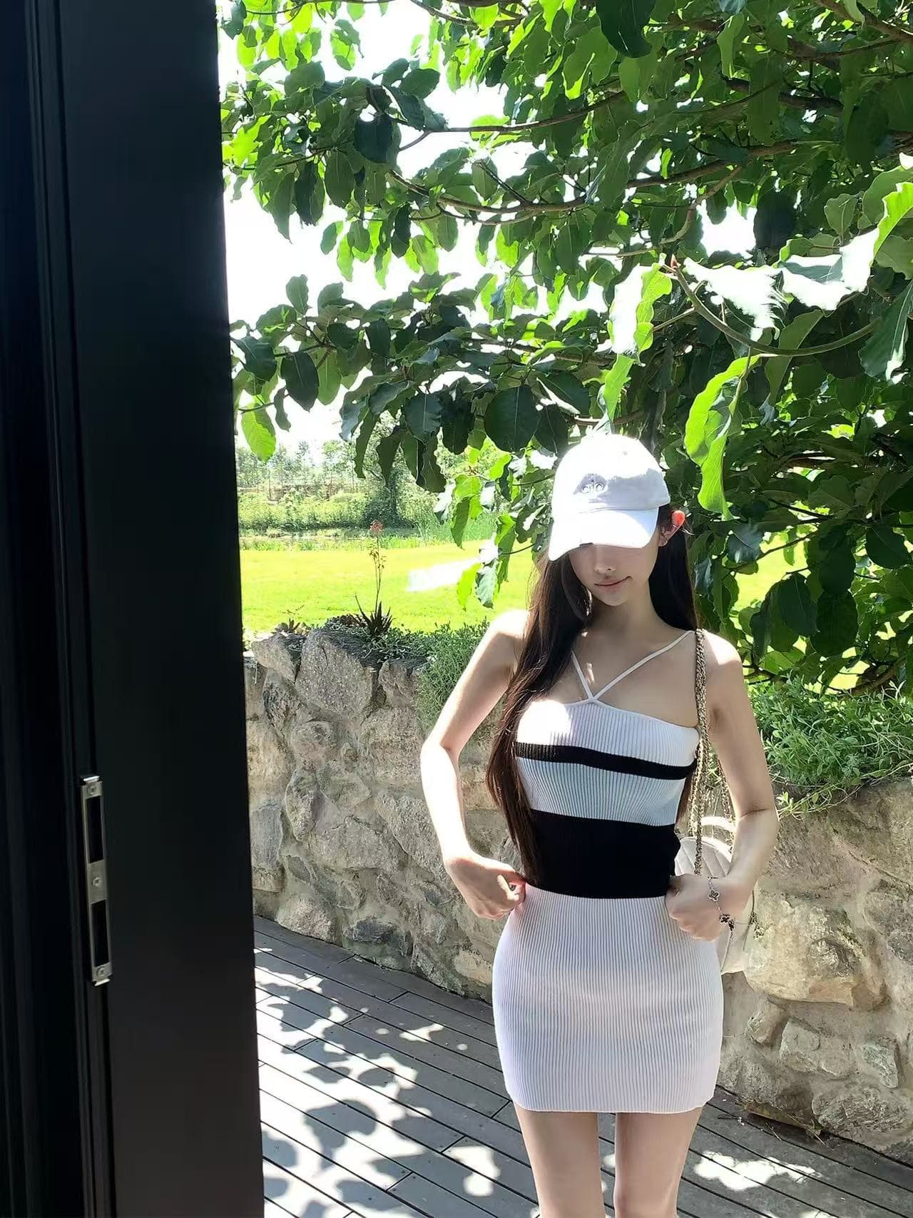 한 부서 배색 행침 목 니트 여성 드레스 여름 새로운 허리 수축 슬림해 보이는 타이트 타이트 스커트 순수한 욕망 쇼트 스타일 튜브탑 치마 상세 이미지 3