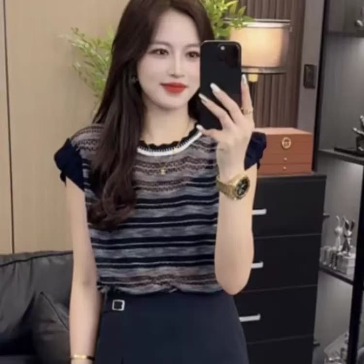 한 부서 배색 스트라이프 Feifei 소매 얼음 실크 니트 스웨터 여성 2025 여름 새로운 슈퍼 잘 생긴 폭발 다용도 맨위 이미지 3