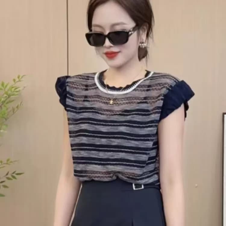 한 부서 배색 스트라이프 Feifei 소매 얼음 실크 니트 스웨터 여성 2025 여름 새로운 슈퍼 잘 생긴 폭발 다용도 맨위 상세 이미지 2