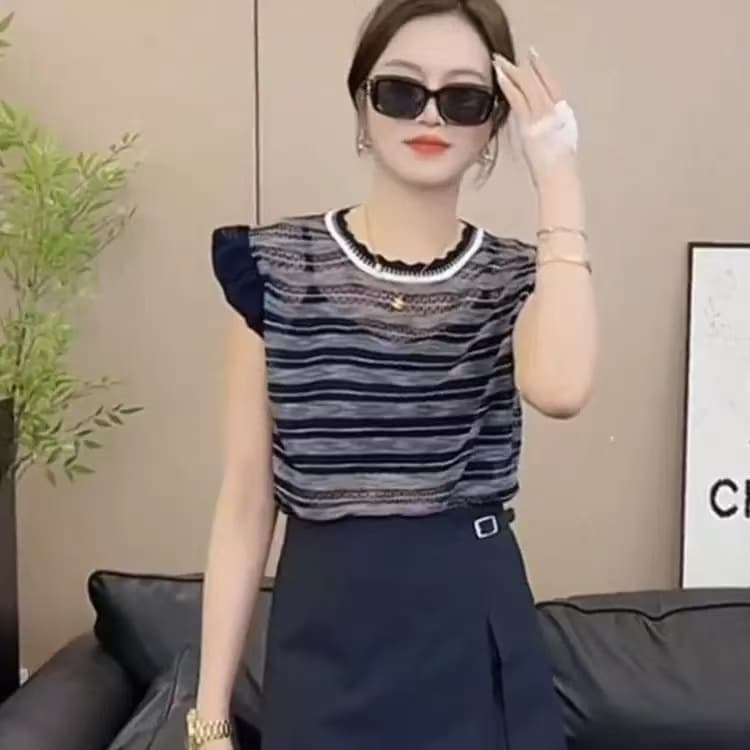 한 부서 배색 스트라이프 Feifei 소매 얼음 실크 니트 스웨터 여성 2025 여름 새로운 슈퍼 잘 생긴 폭발 다용도 맨위 상세 이미지 4