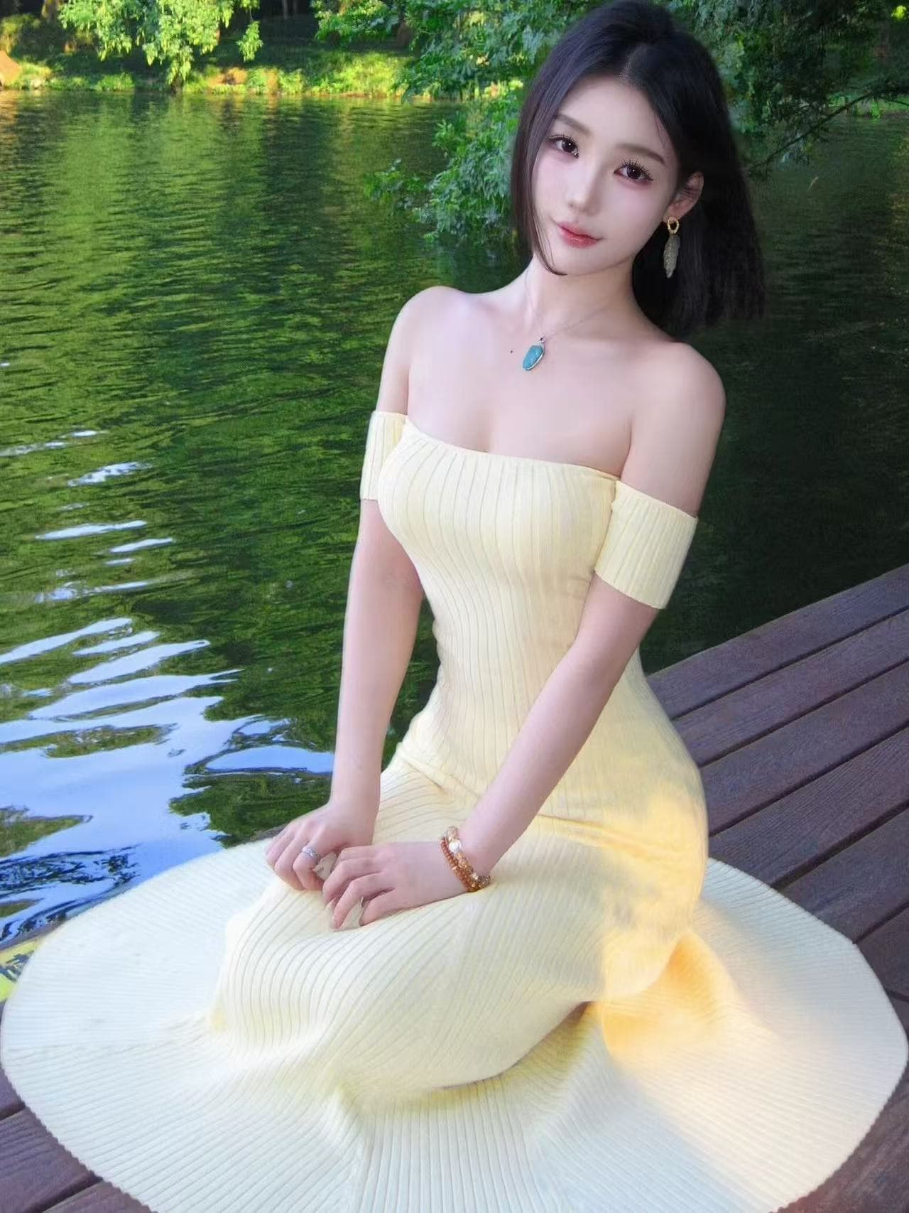 프랑스식 황색 오프숄더 니트 여성 드레스 여름 순수한 욕망 바람 품격 몸매 가꾸기 슬림해 보이는 타이트 타이트 스커트 치마