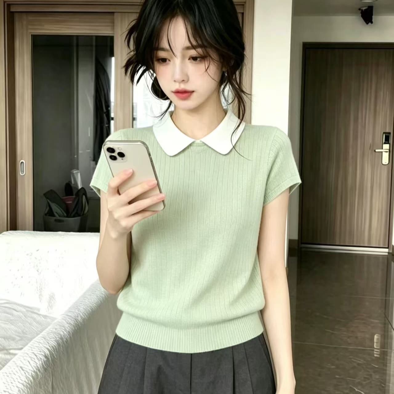 한 부서 배색 폴로 칼라 얼음 실크 반팔 니트 스웨터 여성 2026 새로운 여름 패션 외국 가스 허리 수축 슬림해 보이는 맨위 이미지 5