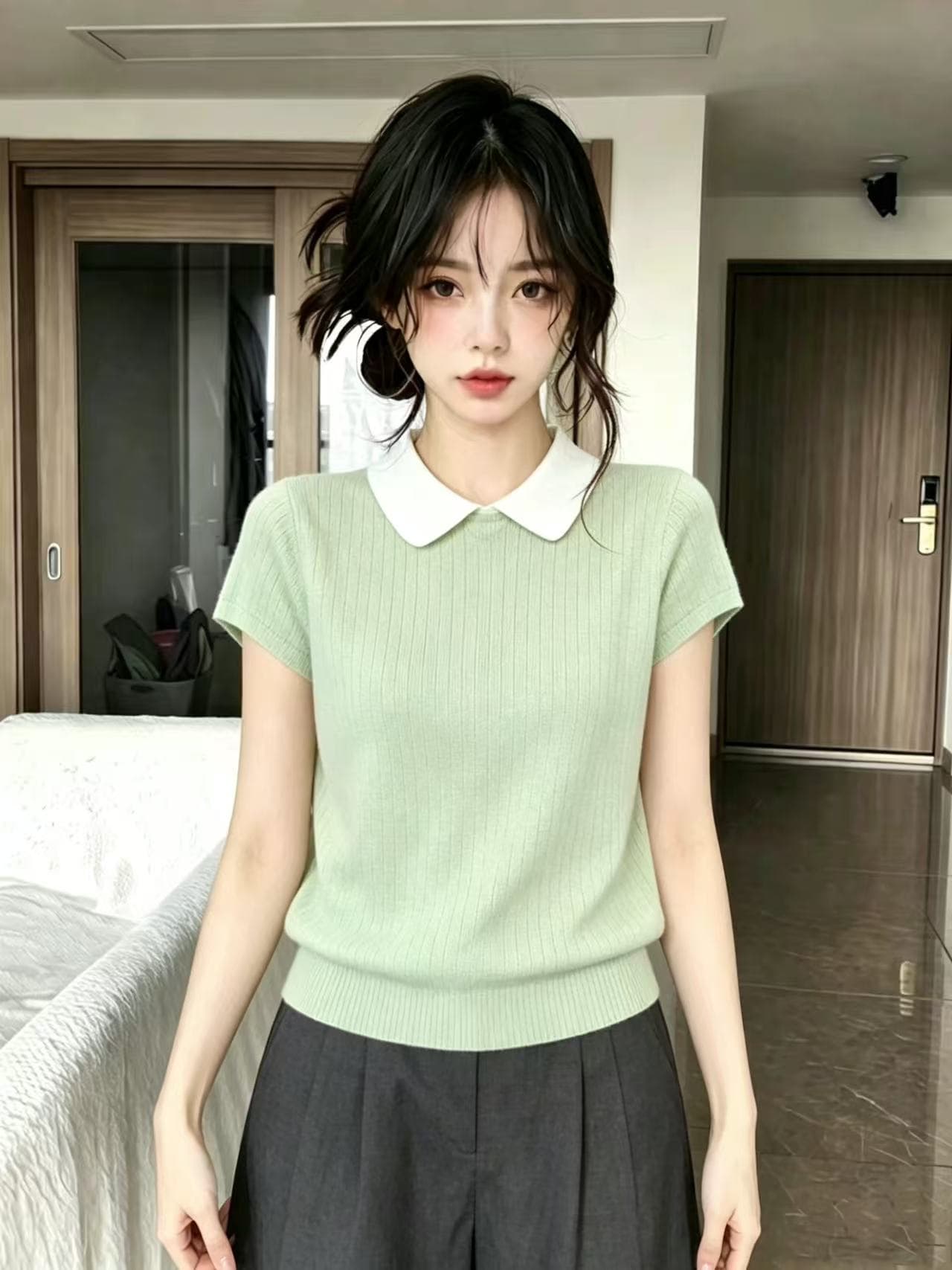 한 부서 배색 폴로 칼라 얼음 실크 반팔 니트 스웨터 여성 2026 새로운 여름 패션 외국 가스 허리 수축 슬림해 보이는 맨위 상세 이미지 1
