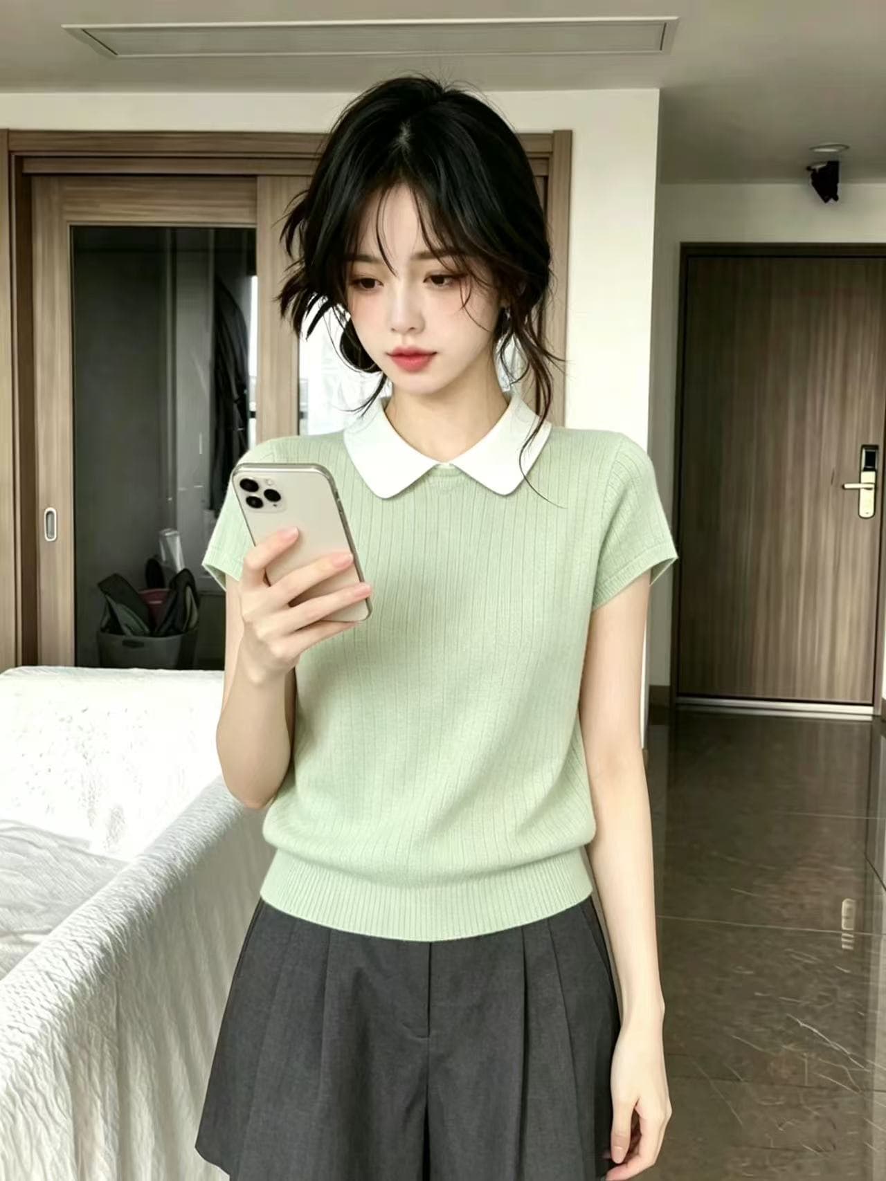 한 부서 배색 폴로 칼라 얼음 실크 반팔 니트 스웨터 여성 2026 새로운 여름 패션 외국 가스 허리 수축 슬림해 보이는 맨위 상세 이미지 5