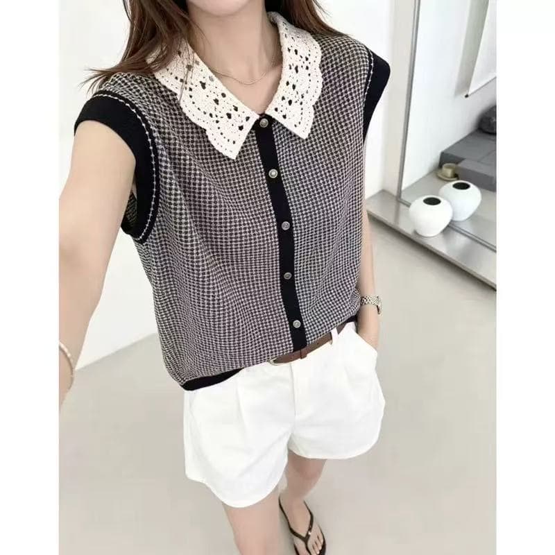 여름 새로운 패션 작은 정사각형 칼라 민소매 조끼 여성 루즈핏 하운드투스 체크 니트 오픈 가디건 얇은 스타일 Feifei 소매 맨위 상세 이미지 1