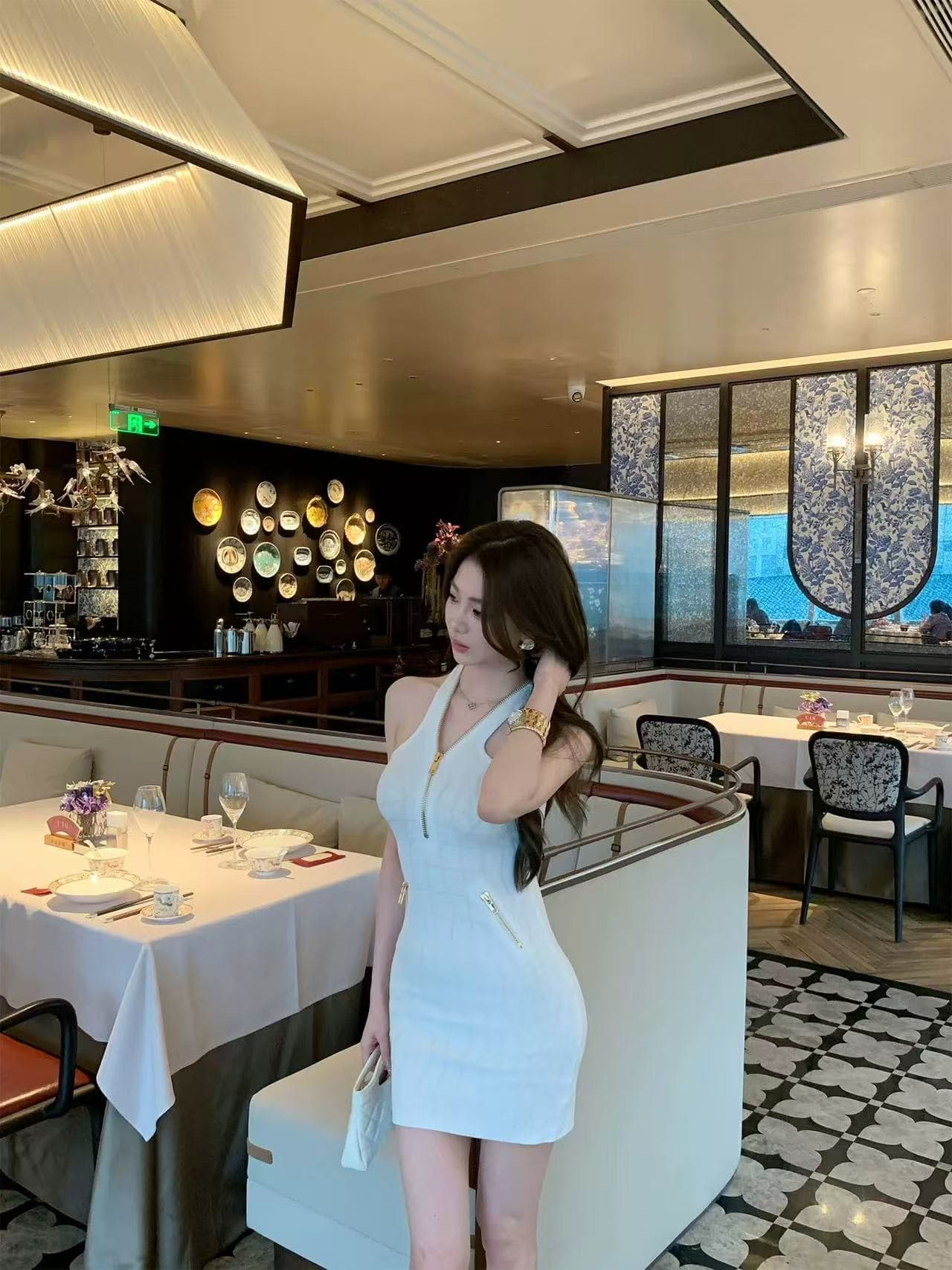 시드니 shirley 긴자 비싼 여성 순수한 욕망 바람 품격 행침 목 홀로우 아웃 허리 수축 슬림해 보이는 타이트 스커트 드레스