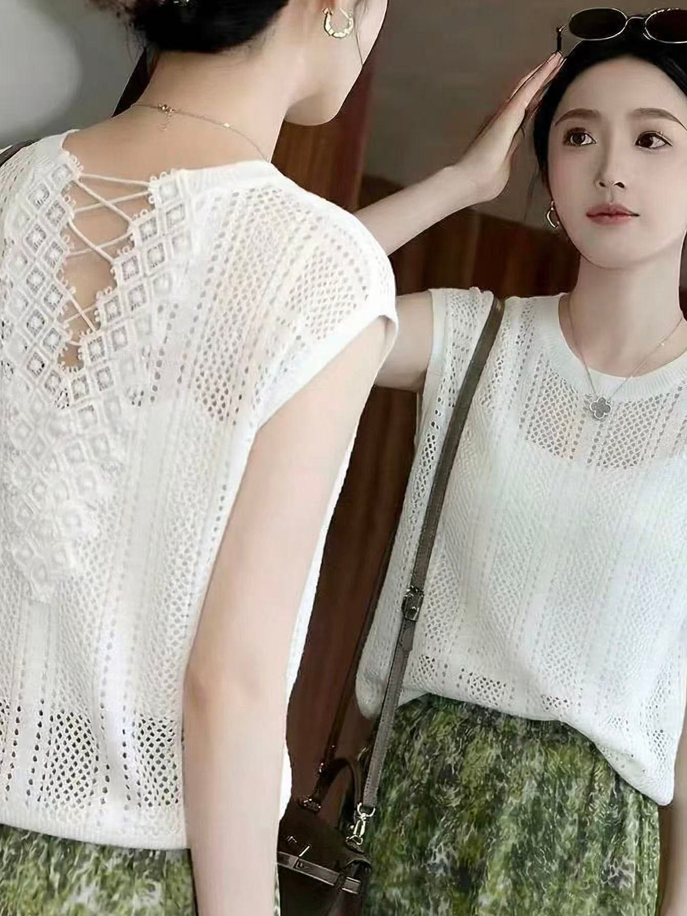 여름 패션 외국 가스 라운드 넥 여성용 짧은 소매 한국 스타일 뒤로 홀로우 아웃 자수 슬림해 보이는 니트 스웨터 블라우스 신제품 티셔츠 이미지 2
