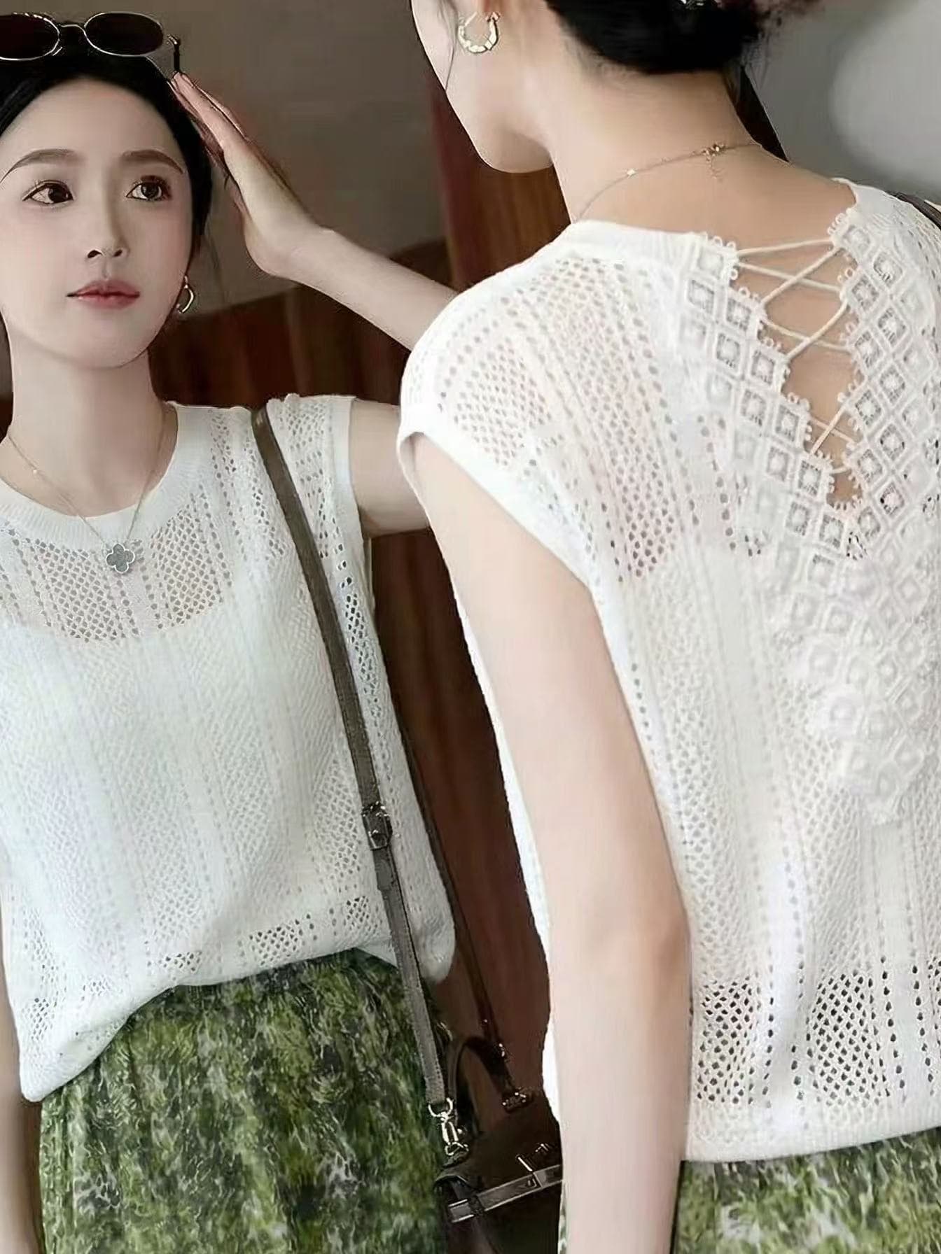 여름 패션 외국 가스 라운드 넥 여성용 짧은 소매 한국 스타일 뒤로 홀로우 아웃 자수 슬림해 보이는 니트 스웨터 블라우스 신제품 티셔츠 상세 이미지 1