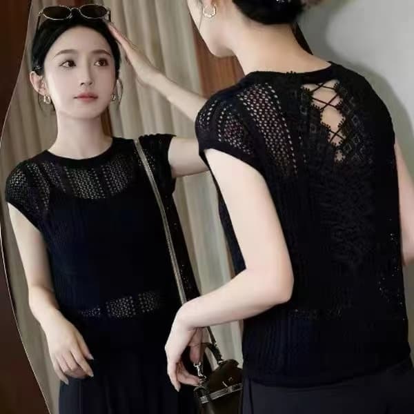 여름 패션 외국 가스 라운드 넥 여성용 짧은 소매 한국 스타일 뒤로 홀로우 아웃 자수 슬림해 보이는 니트 스웨터 블라우스 신제품 티셔츠 상세 이미지 5