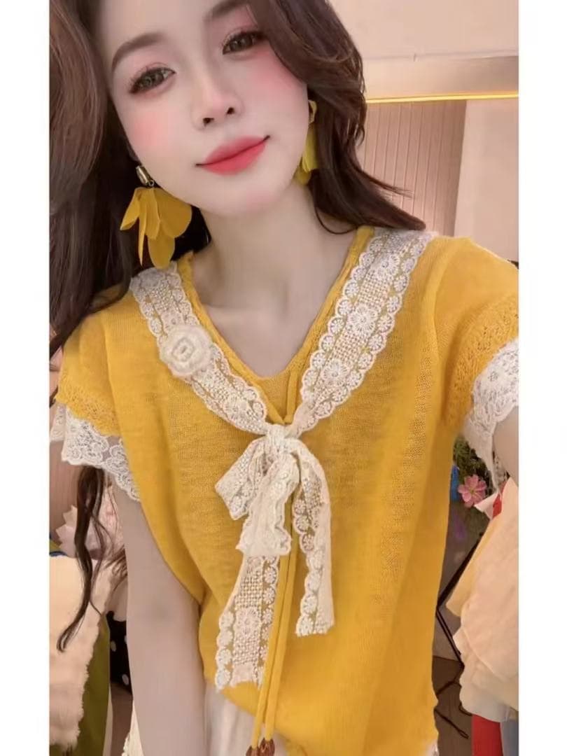여름 한 부서 부드러운 달콤한 스타일 품격 패치워크 레이스 V넥 나비 매듭 반팔 루즈핏 슬림해 보이는 다용도 맨위 이미지 4
