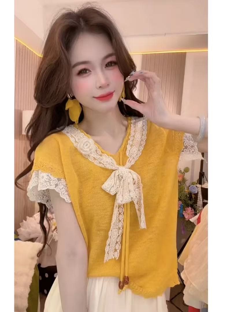 여름 한 부서 부드러운 달콤한 스타일 품격 패치워크 레이스 V넥 나비 매듭 반팔 루즈핏 슬림해 보이는 다용도 맨위 상세 이미지 3