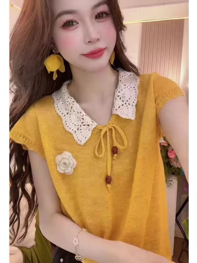 여름 고유 한 Chic 디자인 센스 슬림해 보이는 베이비 칼라 홀로우 아웃 니트 반팔 루즈핏 다용도 품격 연령 감소 맨위 상세 이미지 2