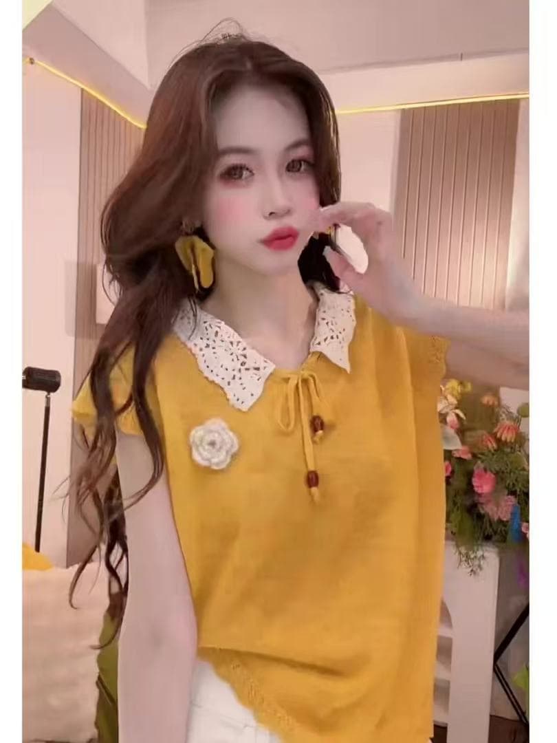 여름 고유 한 Chic 디자인 센스 슬림해 보이는 베이비 칼라 홀로우 아웃 니트 반팔 루즈핏 다용도 품격 연령 감소 맨위 상세 이미지 3