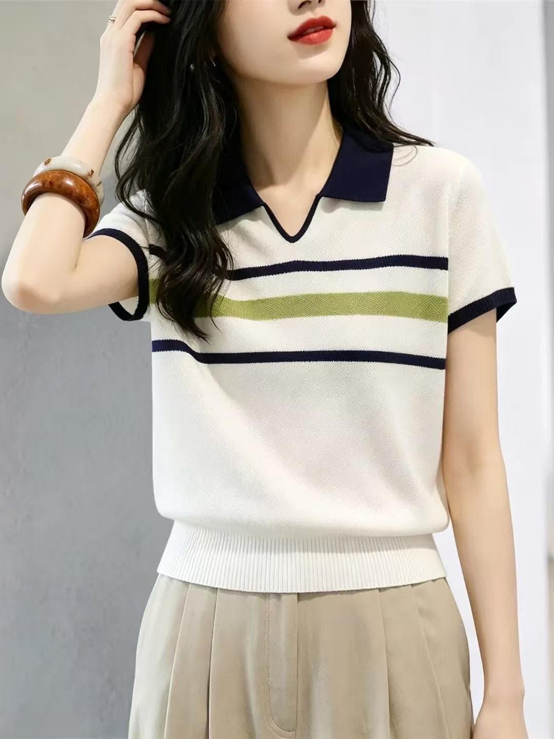 빅 사이즈 패션 배색 스트라이프 POLO 칼라 반팔 니트 스웨터 여성 2026 여름 지방 mm 루즈핏 다용도 연령 감소 맨위 이미지 4