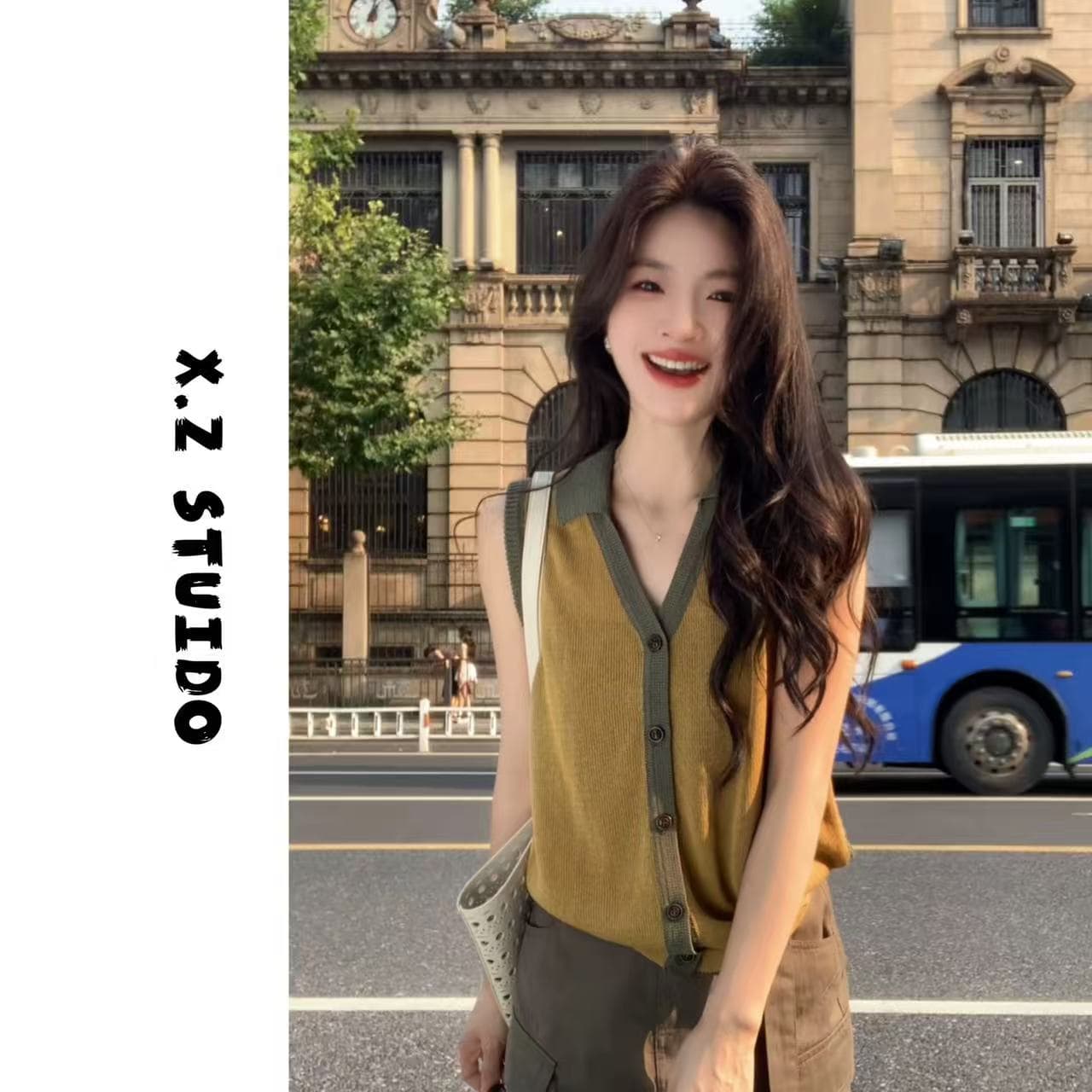 x.zhenab 얼굴 폴로 칼라 민소매 오픈 가디건 진주 마 여성 의류 패션 조수 브랜드 밖으로 조각 아름다운 옷 이미지 2