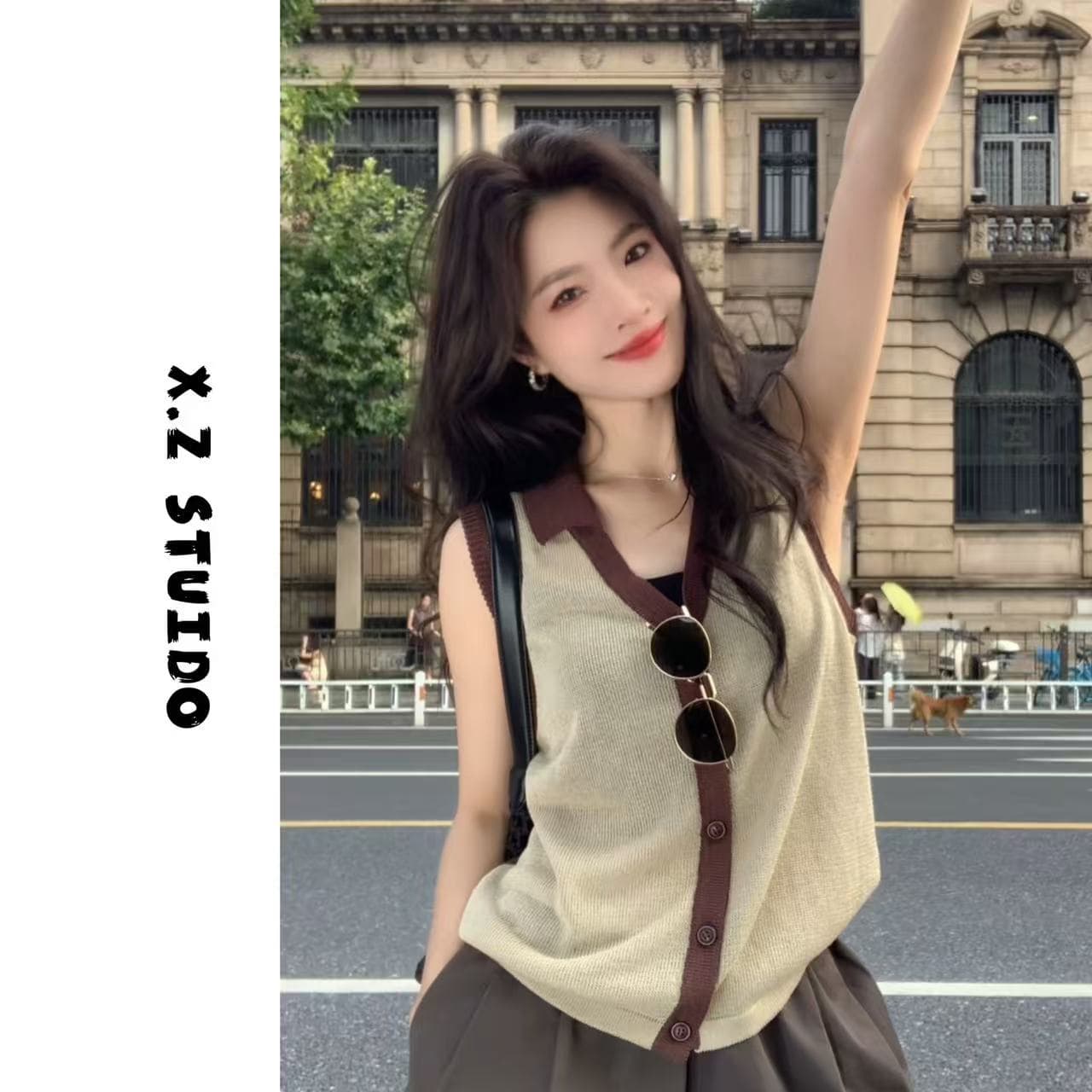 x.zhenab 얼굴 폴로 칼라 민소매 오픈 가디건 진주 마 여성 의류 패션 조수 브랜드 밖으로 조각 아름다운 옷 상세 이미지 1