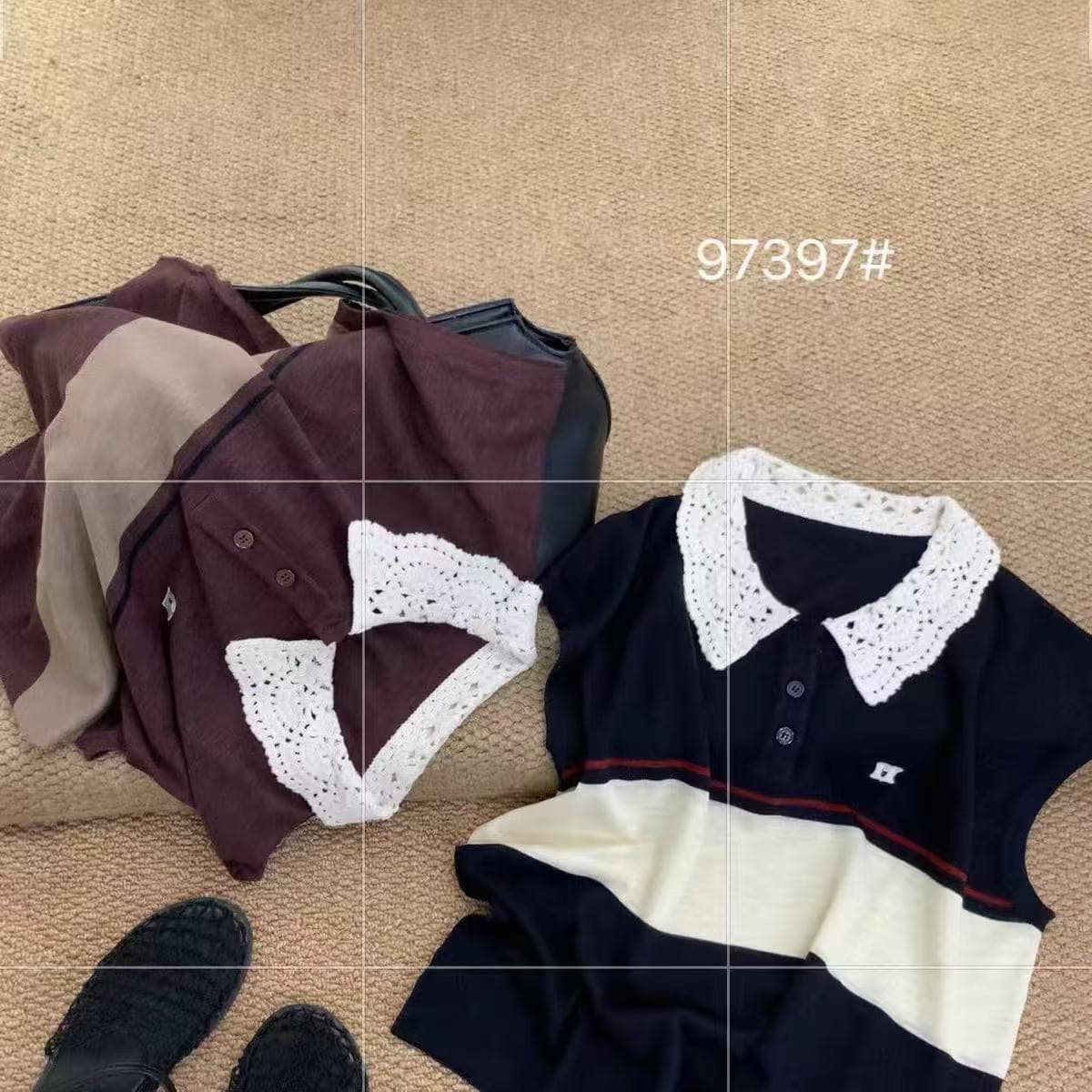 레이스 베이비 칼라 배색 스트라이프 민소매 니트 스웨터 조끼 여성 루즈핏 여름 한 부서 반팔 티셔츠 맨위 얇은 이미지 5