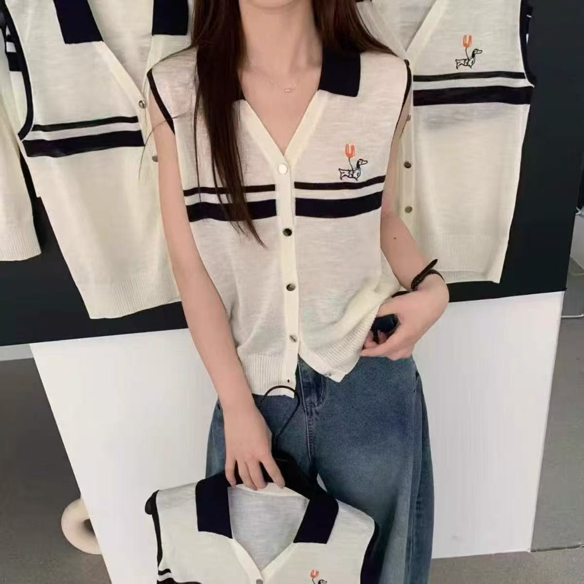 한 부서 강아지 자수 폴로 칼라 민소매 니트 오픈 가디건 여성 유럽 상품 여름 새로운 고급 센스 다용도 슬림해 보이는 맨위 상세 이미지 5