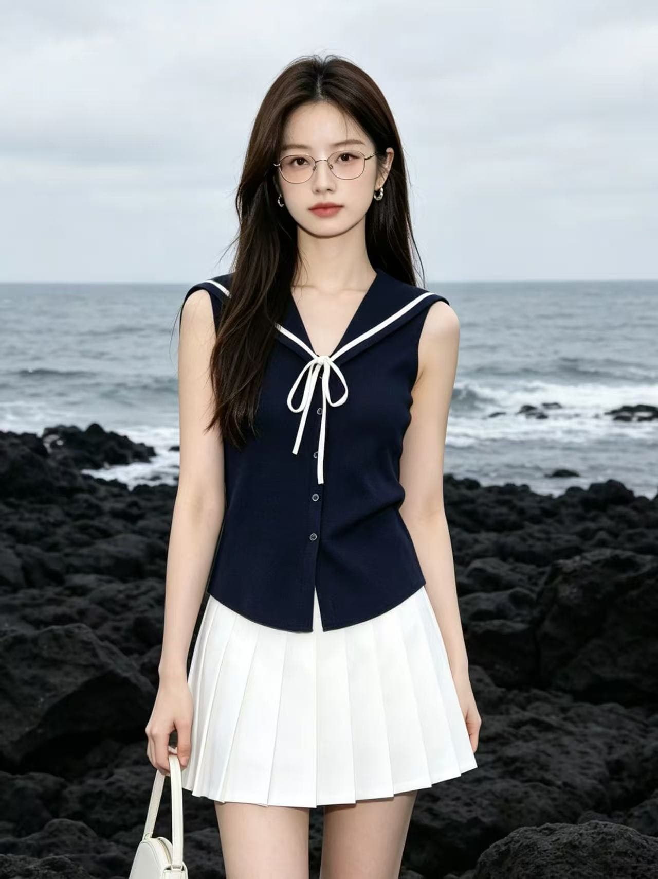 외국 가스 한 스타일 학원 스타일 해군 칼라 레이스업 니트 조끼 여성 여름 몸매 가꾸기 슬림해 보이는 싱글 줄 버튼 맨위 이미지 3