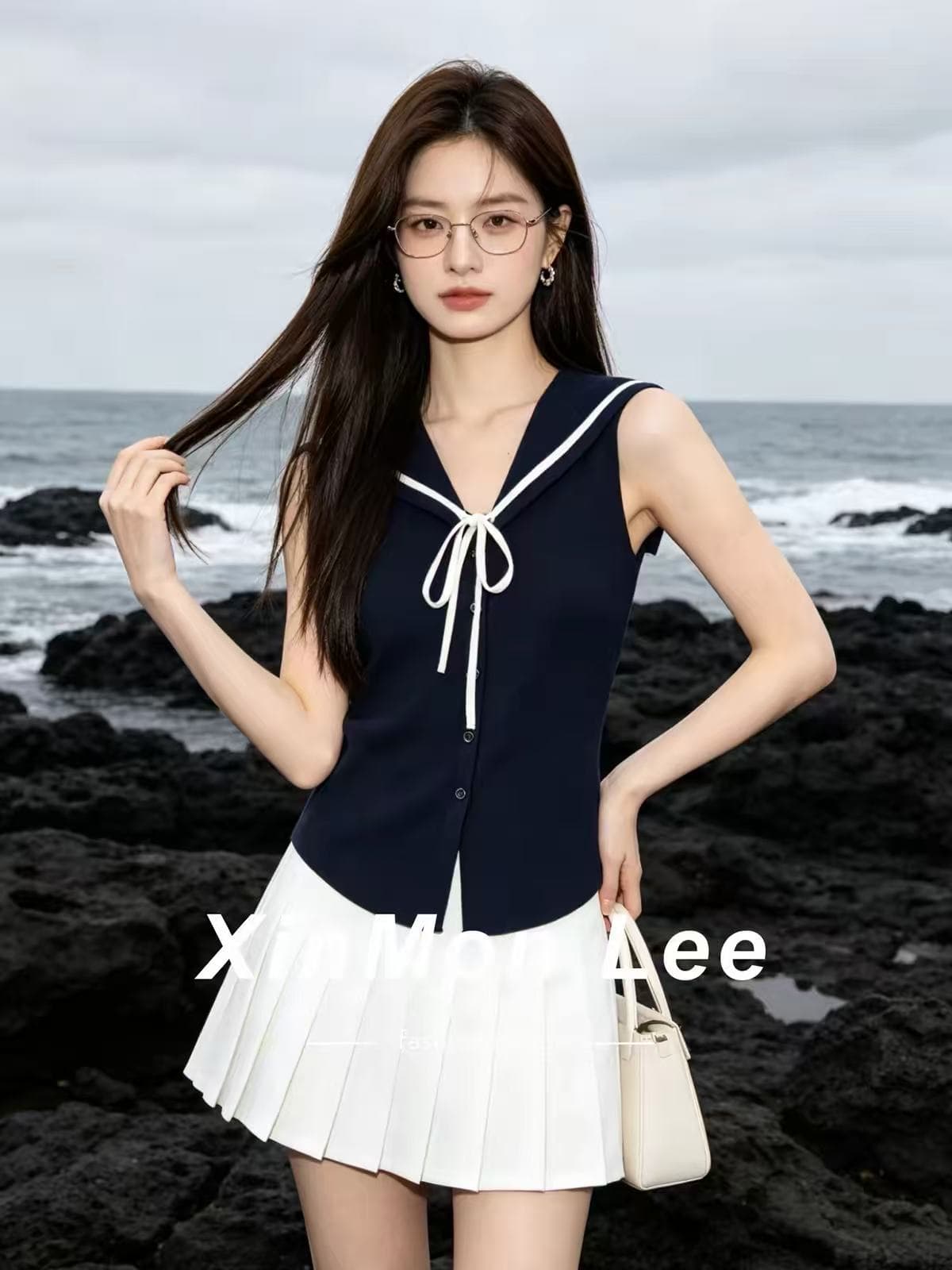 외국 가스 한 스타일 학원 스타일 해군 칼라 레이스업 니트 조끼 여성 여름 몸매 가꾸기 슬림해 보이는 싱글 줄 버튼 맨위 상세 이미지 1