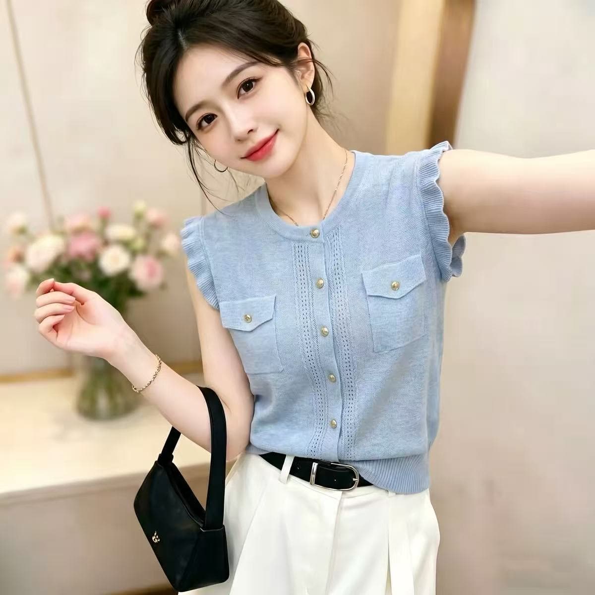 여름 새로운 프릴 작은 날다 소매 싱글 줄 버튼 얇은 스타일 맨위 홀로우 아웃 라운드 넥 품격 다용도 니트 스웨터 오픈 가디건 이미지 2
