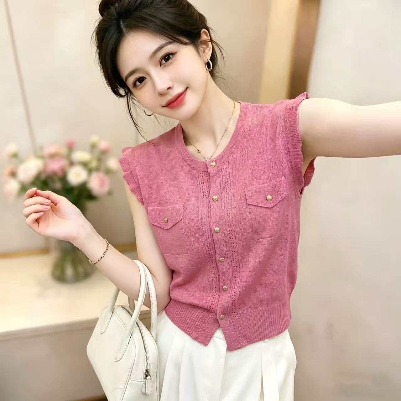 여름 새로운 프릴 작은 날다 소매 싱글 줄 버튼 얇은 스타일 맨위 홀로우 아웃 라운드 넥 품격 다용도 니트 스웨터 오픈 가디건 상세 이미지 4