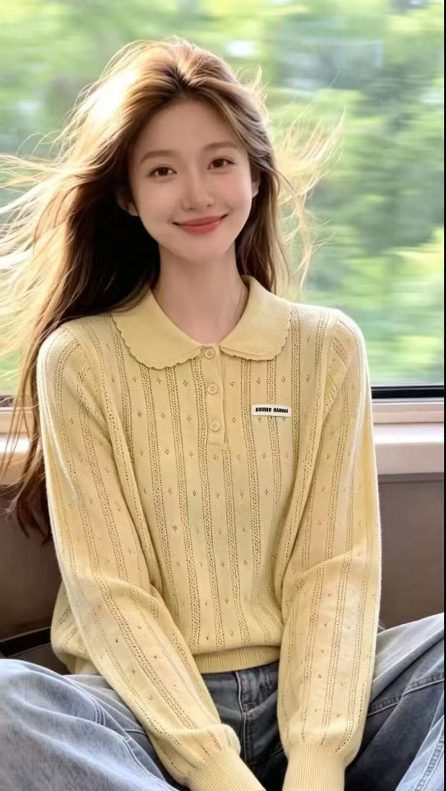 패치 알파벳 폴로 칼라 디자인 센스 작은 대중 긴팔 오픈 가디건 새로운 홀로우 아웃 외부 가져 가라. 털 빛 럭셔리 털 니트 스웨터 이미지 3