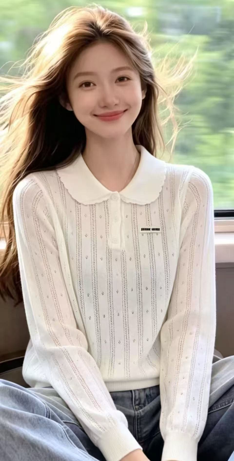 패치 알파벳 폴로 칼라 디자인 센스 작은 대중 긴팔 오픈 가디건 새로운 홀로우 아웃 외부 가져 가라. 털 빛 럭셔리 털 니트 스웨터 이미지 2