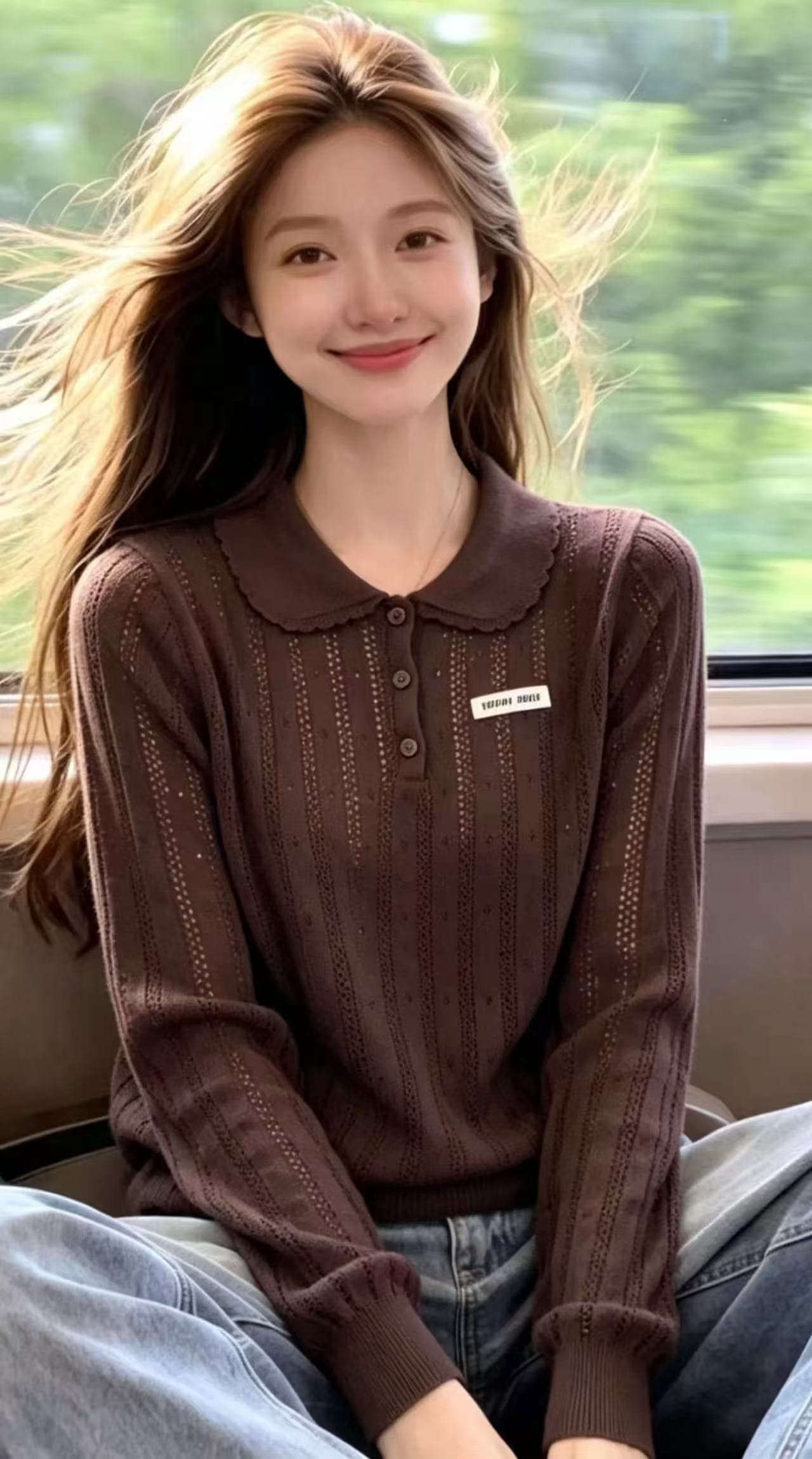 패치 알파벳 폴로 칼라 디자인 센스 작은 대중 긴팔 오픈 가디건 새로운 홀로우 아웃 외부 가져 가라. 털 빛 럭셔리 털 니트 스웨터 상세 이미지 5