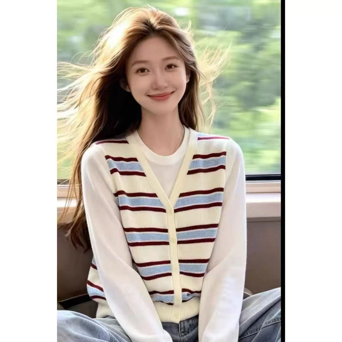 한 부서 레트로 색상 스트라이프 어깨 부드러운 찹쌀 니트 루즈핏 슬림해 보이는 기타 색상 일상 출퇴근 다용도 스택 착용 맨위 상세 이미지 3
