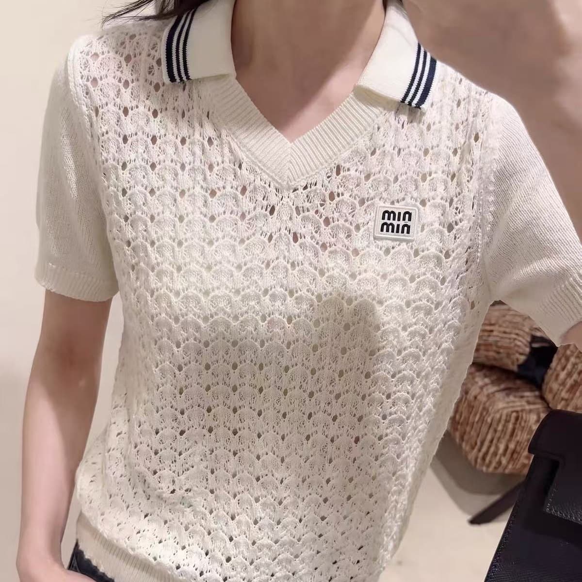 생각하기 지아 한 3 차원 홀로우 아웃 POLO 칼라 홀로우 아웃 니트 스웨터 여성 여름 반팔 슬림해 보이는 다용도 맨위 니트 가을 이미지 5