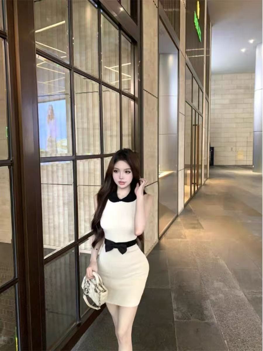 나비 매듭 배색 베이비 칼라 민소매 여성 드레스 여름 몸매 가꾸기 조끼 치마 품격 허리 수축 타이트 스커트 미니 스커트 이미지 2
