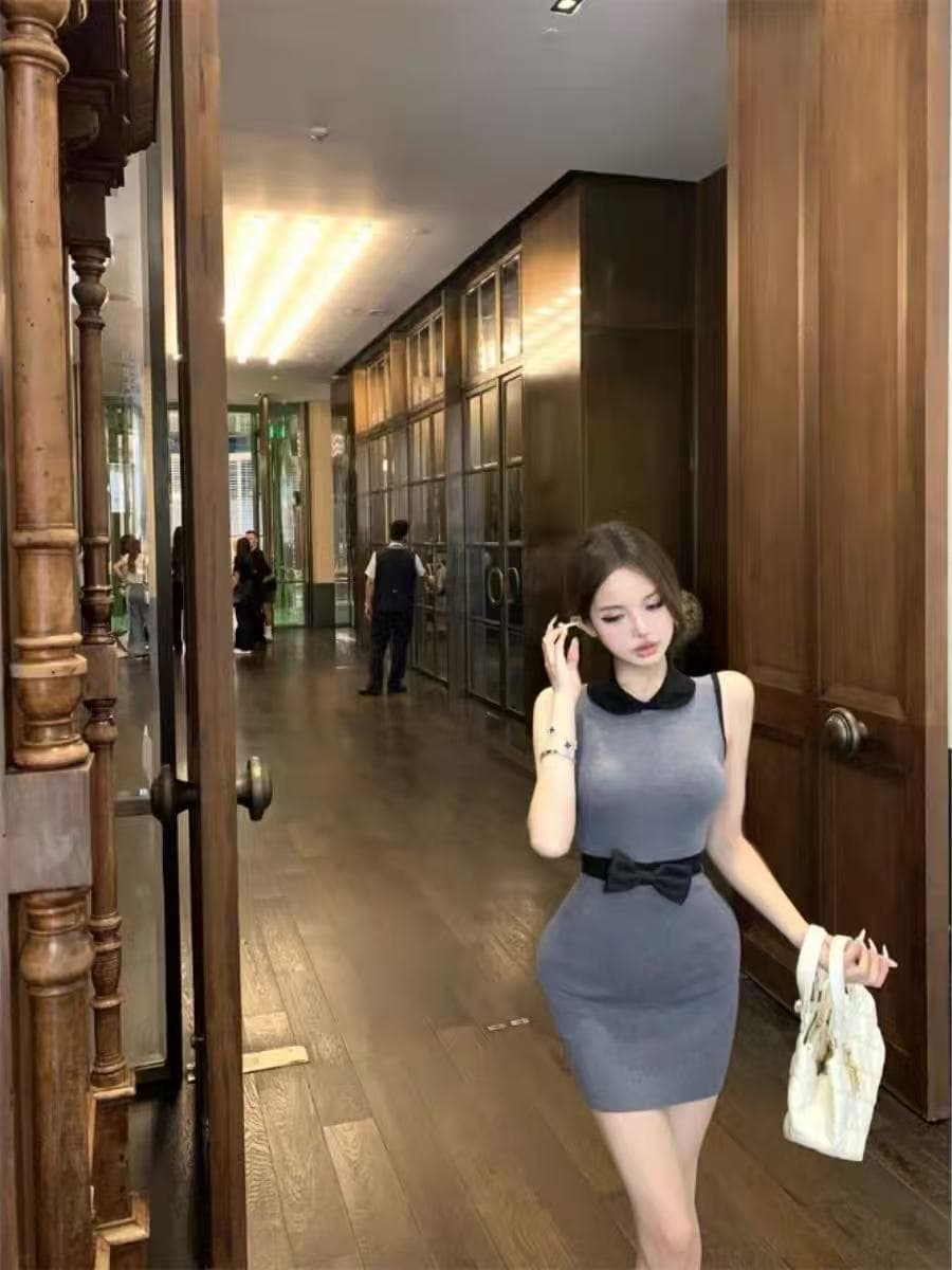 나비 매듭 배색 베이비 칼라 민소매 여성 드레스 여름 몸매 가꾸기 조끼 치마 품격 허리 수축 타이트 스커트 미니 스커트 상세 이미지 5