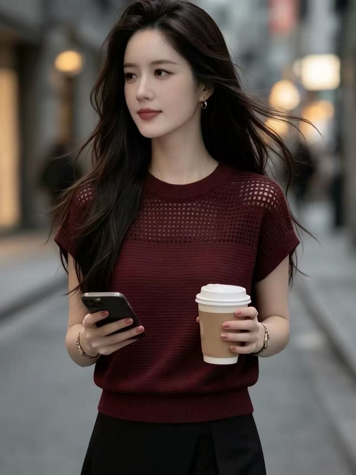 프랑스식 얇은 스타일 홀로우 아웃 반팔 주간 실크 니트 스웨터 라운드 넥 여름 새로운 몸매 가꾸기 외국 가스 패션 다용도 맨위 이미지 3