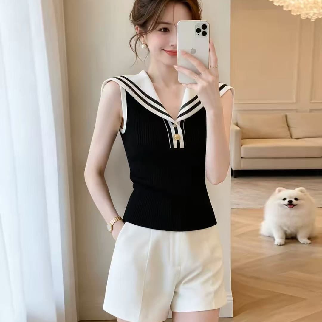 흑인과 백인 패치워크 색상 해군 칼라 스트라이프 민소매 티셔츠 여성 2026 여름 해상 부서 고유 한 아름다운 디자인 센스 맨위 이미지 5